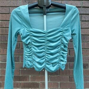 Love Fire Mineral Blue Womens Small Ruched Velvet  Square Neck Long Sleeve Top